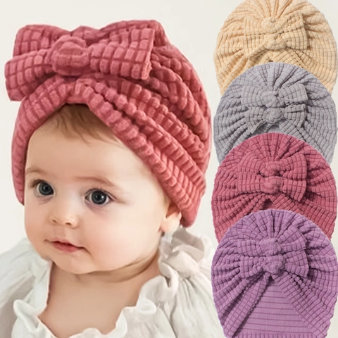 Weiche Polyester Baby Turban Mütze Mit Großer Schleife Waffelstruktur Warme Säuglingsmütze Für Neugeborene Kleinkinder Kopfbedeckung
