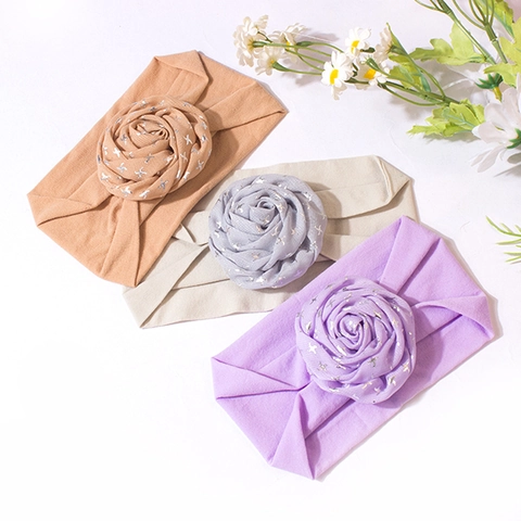 Baby Girls Nylon Elastic Headband Soft Rose Flower Head Wrap For Toddler Infants Comfortable Hair Accessories With Silver Sparkles