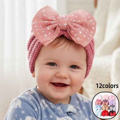 Niedliche Baby Strick Turban Mütze Mit Großer Schleife Silber Stern Druck Weiche Warme Kleinkind Beanie Mütze Für Neugeborene