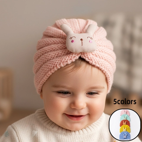 Gorro Turbante para Bebé Lindo Conejo de Peluche Gorro de Punto Cálido Invierno Diadema Color Sólido Estilo Bohemio
