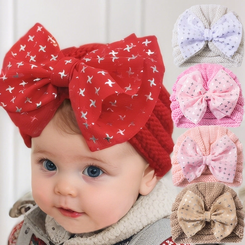 Niedliche Baby Strick Turban Mütze Mit Großer Schleife Silber Stern Druck Weiche Warme Kleinkind Beanie Mütze Für Neugeborene