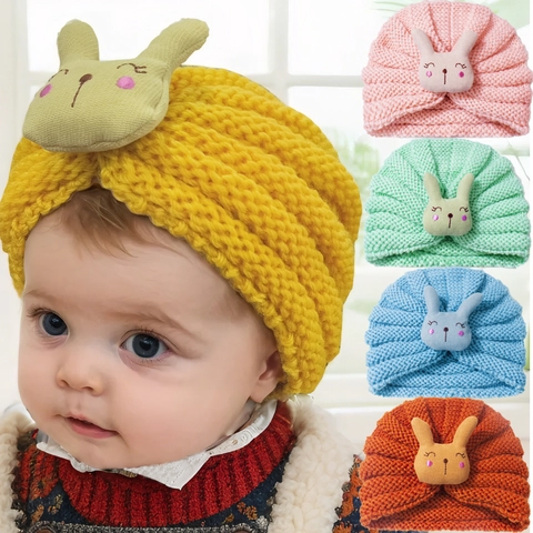 Gorro Turbante para Bebé Lindo Conejo de Peluche Gorro de Punto Cálido Invierno Diadema Color Sólido Estilo Bohemio