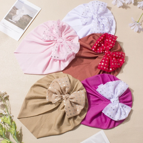 Cappello Turbante Neonato a Costine Con Fiocco in Rete Motivo Stella Argento Morbido Elastico Berretto per Neonati Bambini