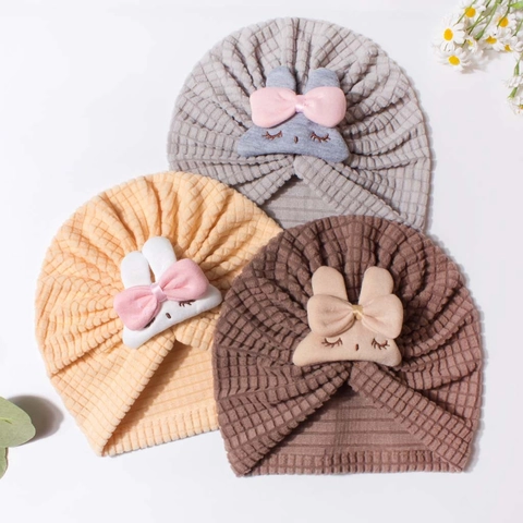 Schattig Konijn Strik Babytulbandmuts Wafelgebreide Beanie Zachte Babyhoofddoek Voor 0-2 Jaar Peuters Meisjes Jongens Fotografie Accessoire
