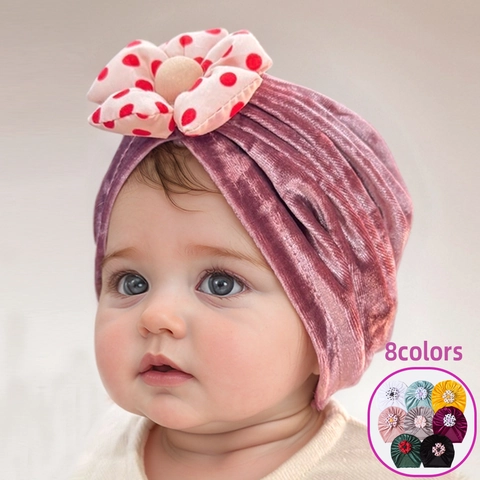 Baby Velvet Turban Hat Cute Warm Toddler Beanie With Large Polka Dot Flower For Infants Girls Winter Casual Headwear