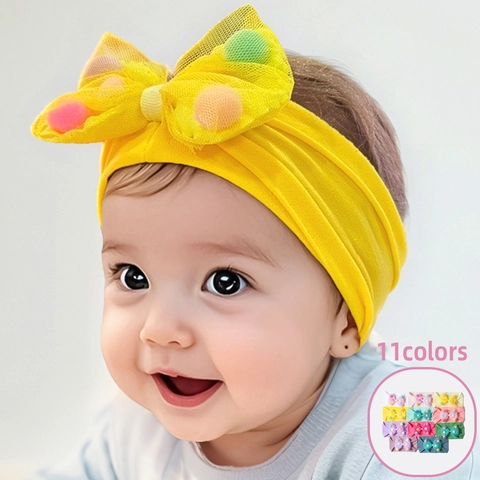 Baby Netzschleife Stirnband Weiches Elastisches Nylon Haarband Mit Bunten Pompons Kleinkind Fotografie Requisite Haarschmuck