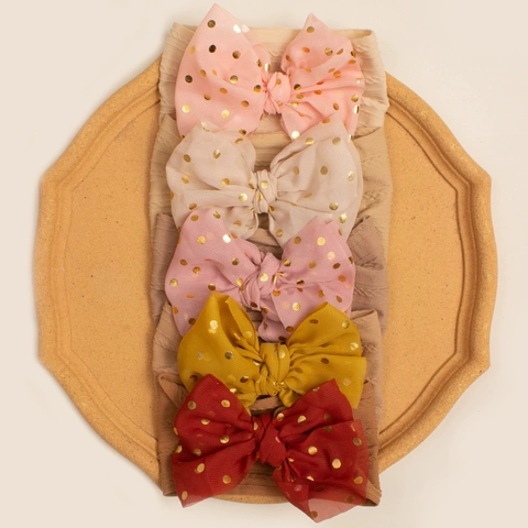 Diademas de Bebé Elásticas de Punto de Canalé con Lazos Grandes de Tul con Lunares Dorados Accesorios para el Cabello de Niña
