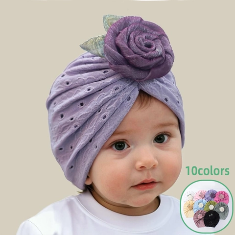 Breathable Hollow Baby Turban Hat With 3D Rose Flower Decoration Soft Polyester Infant Beanie Cap For Newborn Girls Jewelry