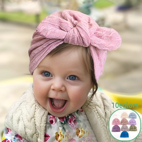 Baby Turban Hat Large Bow Ribbed Pullover Hat For Infants Toddlers Soft Polyester Knit Beanie Hat Fashion Headwrap