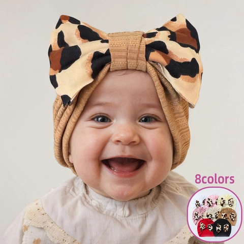 Baby Turban Hut Große Leopardenmuster Schleife Polyester Rippenstrick Beanie Für Kleinkinder Süße Mode Kopfbedeckung Für Mädchen