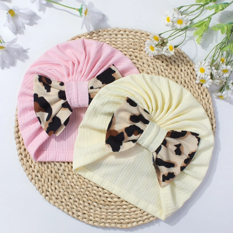 Baby Turban Hut Große Leopardenmuster Schleife Polyester Rippenstrick Beanie Für Kleinkinder Süße Mode Kopfbedeckung Für Mädchen