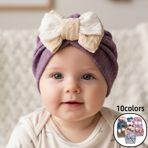 Gorro de Turbante Suave para Bebé con Lazo de Doble Capa Punto de Ocho Envoltura para Cabeza de Recién Nacido Turbante para Otoño Invierno Accesorio