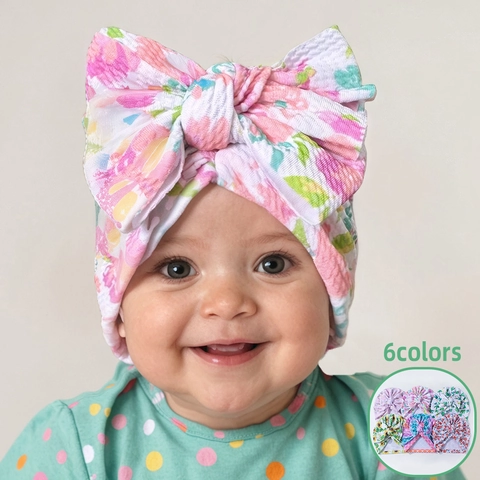 Infant Baby Tie-Dye Turban Hat Polyester Large Bow Floral Soft Beanie Headwrap For Newborn Toddler Kids Fashion Accessory