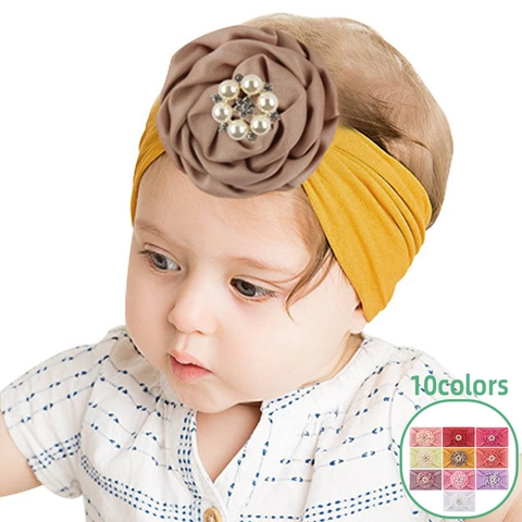 Diadema de Nailon para Bebé con Flor de Cinta de Satén Suave Diadema para el Pelo con Diamantes de Imitación y Perla Artificial para Niños