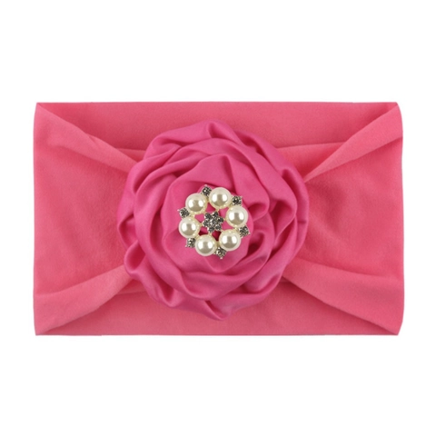 Diadema de Nailon para Bebé con Flor de Cinta de Satén Suave Diadema para el Pelo con Diamantes de Imitación y Perla Artificial para Niños