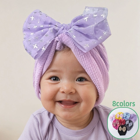 Baby Turban Mütze Große Schleife Stern Folien Druck Waffel Strick Beanie Weiche Atmungsaktive Säugling Kopfbedeckung Hut