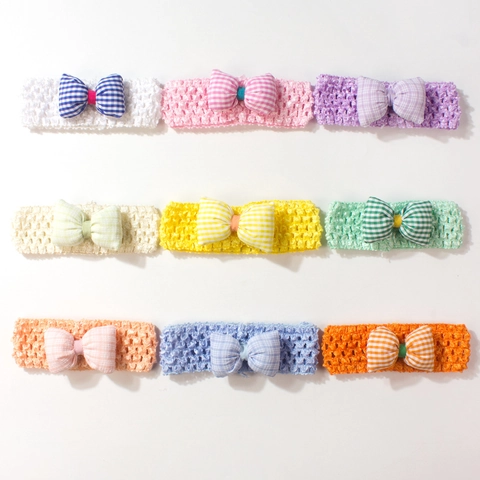 Baby Girl Bow Headband Knitted Hollow Design Plaid Bow Soft Polyester Hair Band Summer Accessory For Toddler Sweet Princess Headband