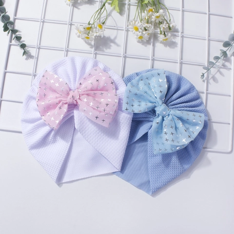 Baby Turban Mütze Große Schleife Stern Folien Druck Waffel Strick Beanie Weiche Atmungsaktive Säugling Kopfbedeckung Hut