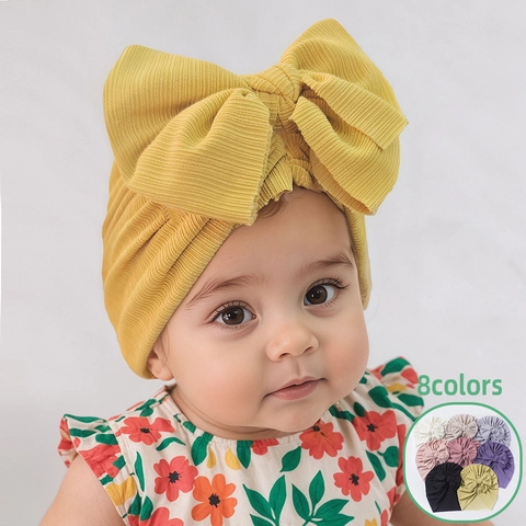 Cute Infant Baby Turban Hat With Large Bow Soft Ribbed Polyester Turban Cap Solid Color Turban Headwrap For Newborn Toddler 0-2 Years