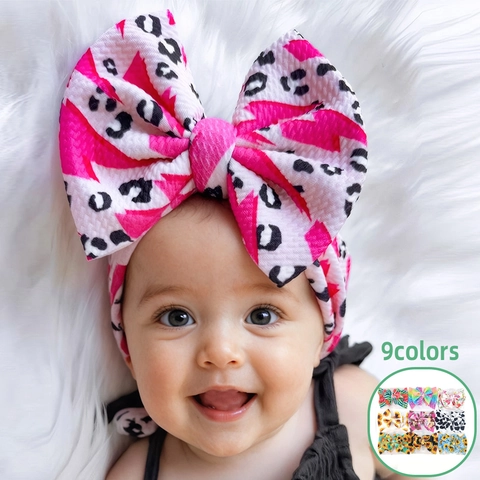 Fascia per Capelli Neonata con Grande Fiocco in Maglia a Nido d Ape Morbida Elastica Turbante Stampa Girasole Leopardo