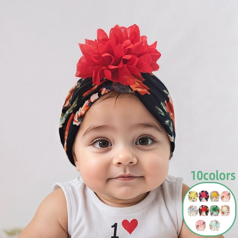 Bonnet Turbant pour Bébé à Imprimé Floral avec Grande Fleur 3D en Polyester Doux Couvre-chef pour Nouveau-nés Filles