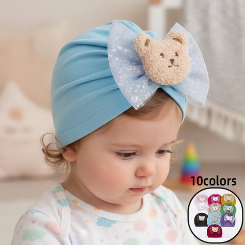Cute Baby Turban Hat With Sequin Mesh Bow And Plush Bear Decoration Soft Polyester Infant Toddler Beanie Ruched Turban Hat