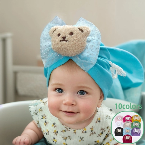 Cute Baby Turban Hat With Sequin Mesh Bow And Plush Bear Decoration Soft Polyester Infant Toddler Beanie Ruched Turban Hat