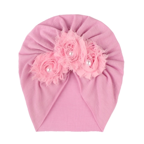 Cute Baby Turban Hat With Triple Fabric Flowers And Faux Artificial Pearls Soft Polyester Infant Beanie For Newborn Toddler Girls