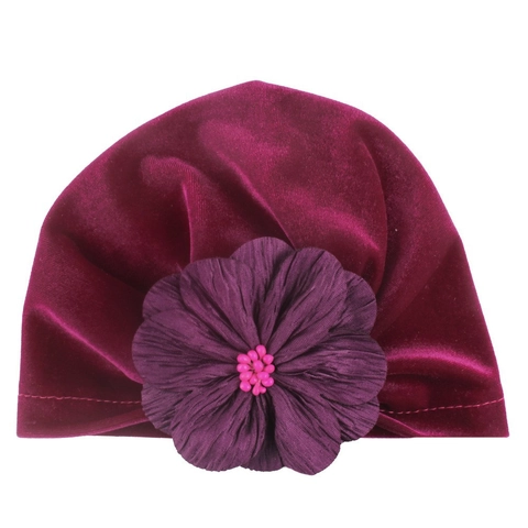 Gorro Turbante de Terciopelo para Bebé Con Flor Plisada Grande y Perla Artificial Gorro Elástico Suave para Accesorios de Fotografía de Bebés