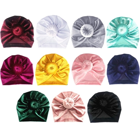 Soft Velvet Baby Turban Hat Donut Knot Headwrap For Infants Newborn Girls Bohemian Pleated Beanie Head Accessories Warm Cap