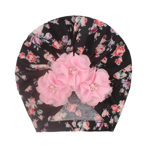 Baby Girl Floral Turban Hat With Chiffon Flower Artificial Pearl Rhinestone Soft Polyester Toddler Head Wrap Beanie For Daily Party
