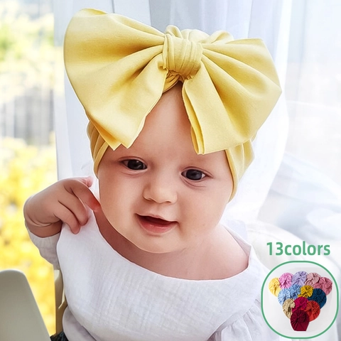 Cute Baby Turban Hat With Large Bow Knot Soft Polyester Ruched Infant Beanie Cap For Newborn Toddler Photography Props