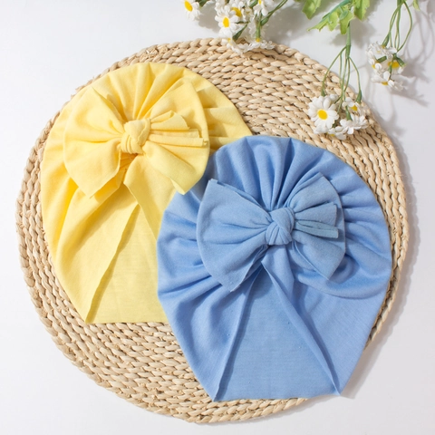 Cute Baby Turban Hat With Large Bow Knot Soft Polyester Ruched Infant Beanie Cap For Newborn Toddler Photography Props