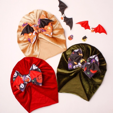 Halloween Baby Turban Hat Polyester Velvet Bow Soft Warm Infant Beanie With Bat Wings For Toddler Girls Kids Festive Accessories