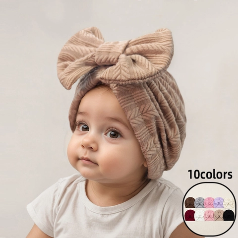 Baby Turban Hat Large Bow Soft Polyester Knitted Stripe Headwrap Newborn Infant Toddler Beanie Cap Photography Props