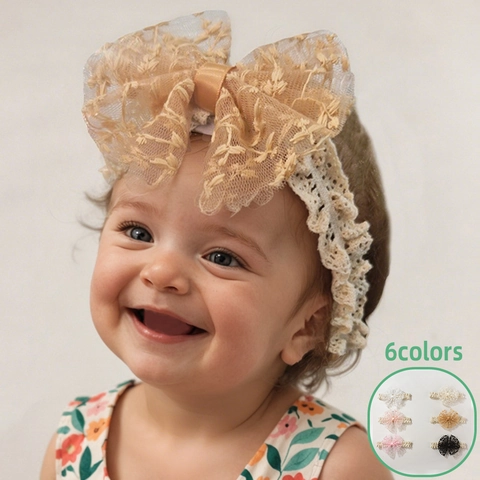 Baby Lace Bow Headband Soft Elastic Polyester Mesh Embroidery Headwraps Retro Princess Hair Accessories For Infant Girls
