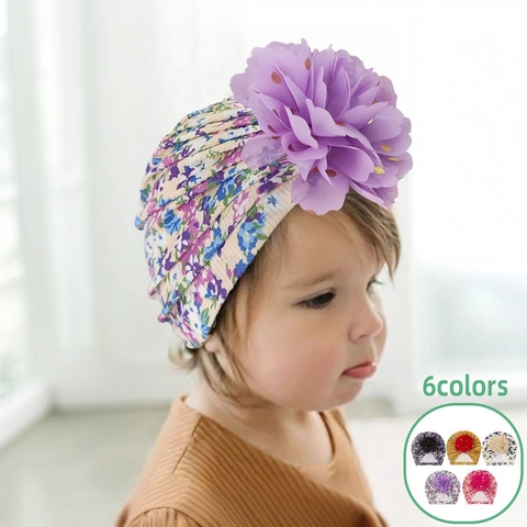 Schattige Baby Bloemen Tulband Muts Zachte Polyester Pullover Beanie Met Grote 3D Bloem Bronzing Print Peuter Meisjes Hoofddeksels