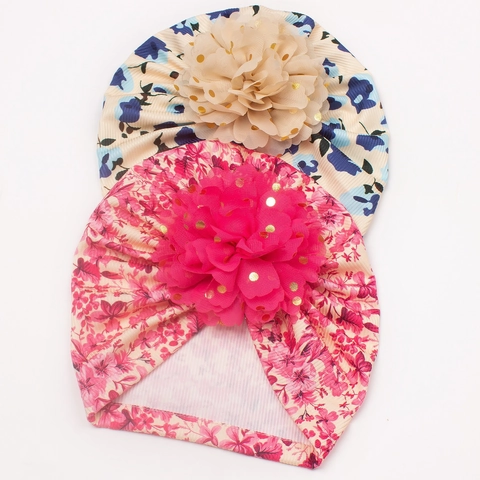 Schattige Baby Bloemen Tulband Muts Zachte Polyester Pullover Beanie Met Grote 3D Bloem Bronzing Print Peuter Meisjes Hoofddeksels