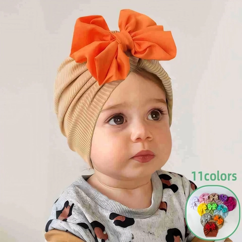 Newborn Baby Polyester Ribbed Knit Turban Hat With Large Bow Soft Stretch Infant Toddler Beanie Hat Daily Headwrap Accessories