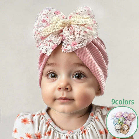 Baby Ribbed Turban Hat Polyester Headwrap With Large Bow Lace Flower Infant Toddler Soft Breathable Beanie Accessories