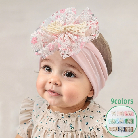 Bandeau Bébé Nouveau-né en Nylon Souple Nœud en Dentelle Florale Turban Élastique pour Photographie Nourrissons Décoration