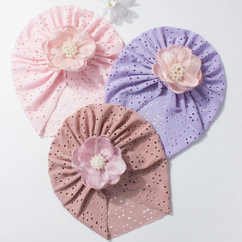 Gorro Turbante de Bebé Calado Transpirable Gorro de Recién Nacido Con Flor Grande Perla Artificial Poliéster para Niñas