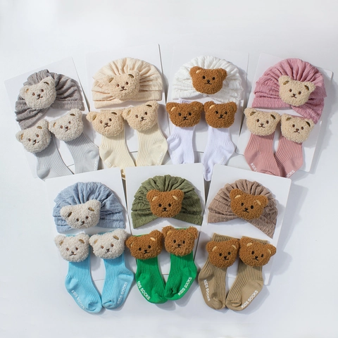Cute Bear Baby Hat And Sock Set Warm Knit Pullover Turban Hat Long Socks For Toddler Infant Boys Girls Winter Daily Gift