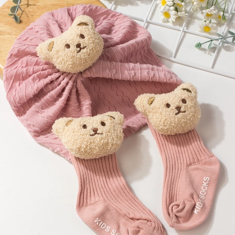 Cute Bear Baby Hat And Sock Set Warm Knit Pullover Turban Hat Long Socks For Toddler Infant Boys Girls Winter Daily Gift