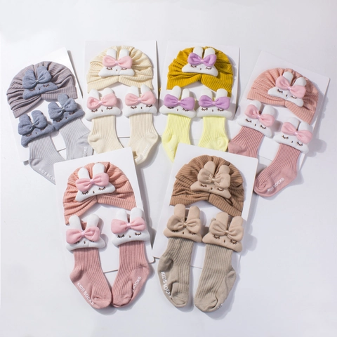 Ensemble Bonnet Turban Et Chaussettes Pour Nouveau-Né Oreilles De Lapin En Peluche Chaussettes En Tricot Côtelé Pour Nourrissons