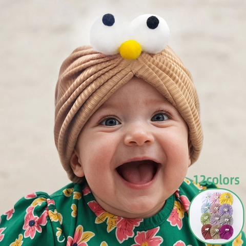 Cute Cartoon Big Eyes Ribbed Turban Hat For Infants Soft Polyester Baby Beanie Hat Warm Headwear For Toddlers Accessories