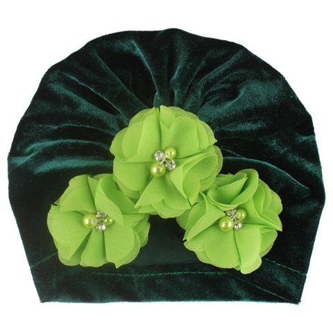 Gorro Turbante de Terciopelo Suave para Bebé Con Flor de Gasa 3D Perla Artificial Strass Cálido para Recién Nacido