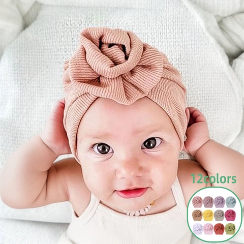 Gorro Turbante de Canalé Suave para Bebé Con Flor Grande Color Sólido Gorro Beanie para Bebés Pañuelo para Recién Nacidos Niñas 0-3 Años