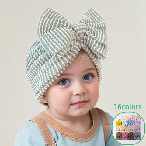 Neugeborenes Baby Fötus Kappe Süße Gestreifte Große Schleife Turban Hut Weiche Dehnbare Pullover Strick Kopfbedeckung Für Kleinkinder