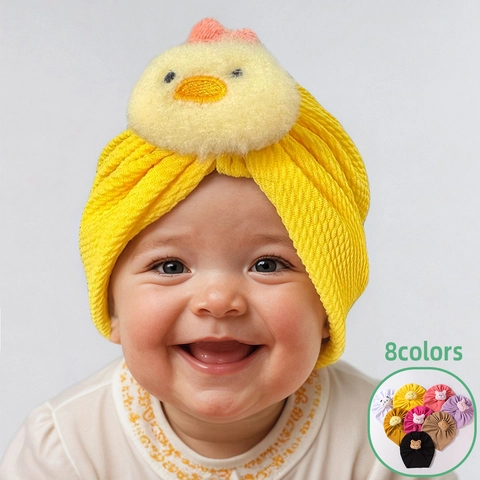 Cute Baby Turban Hat Waffle Knit Infant Beanie With 3D Plush Animal Decor Soft Breathable Turban Cap For Newborn Toddler Photography
